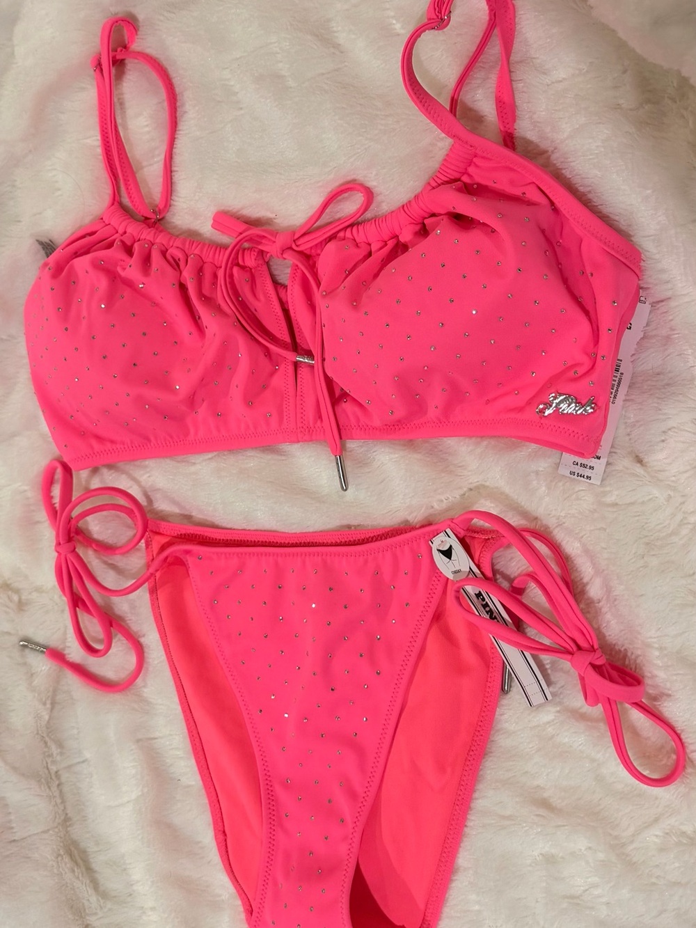 PINK Victoria's Secret Neon Pink Rhinestone Tie-Side Bikini
